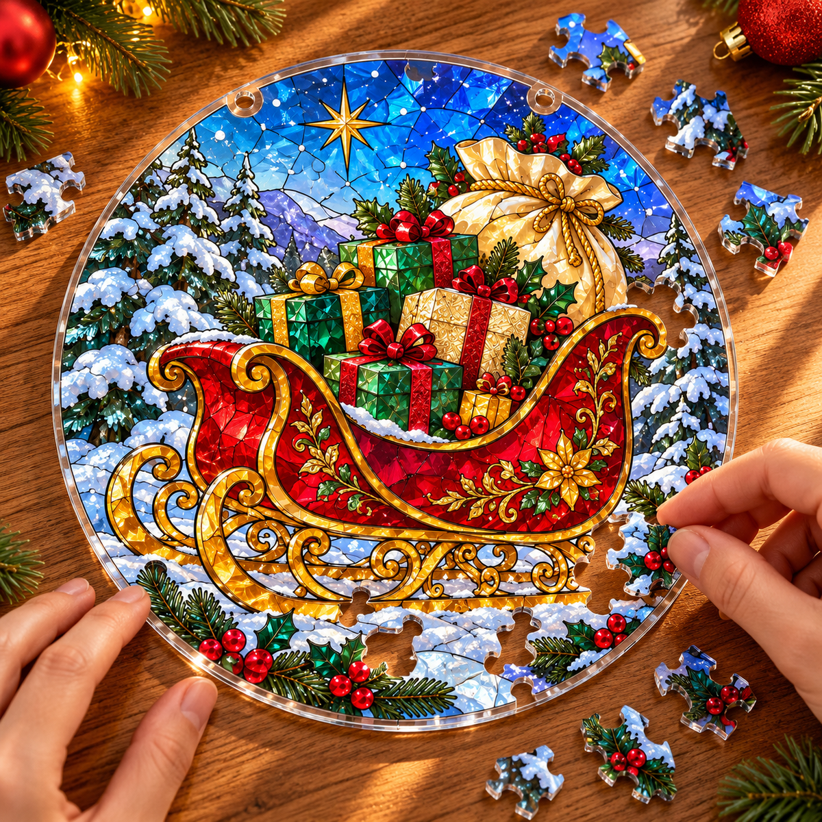 Christmas Acrylic Jigsaw Puzzle Suncatcher - Santa’s Gift Sleigh