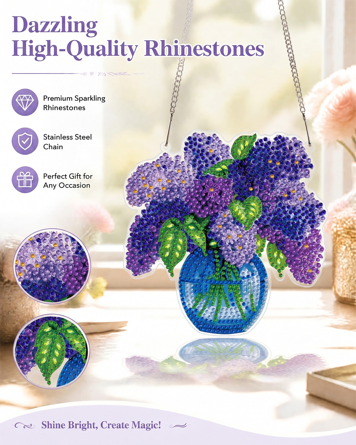 5D DIY Diamond Painting Suncatcher Kit - Lilacs in Blue Vase