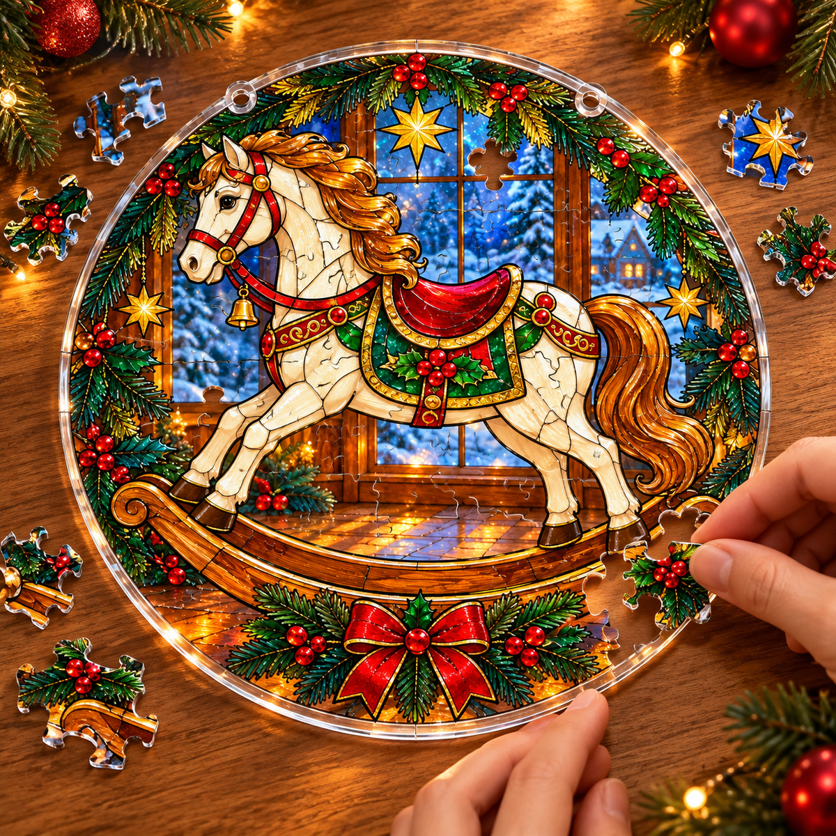 Christmas Acrylic Jigsaw Puzzle Suncatcher - Rocking Horse