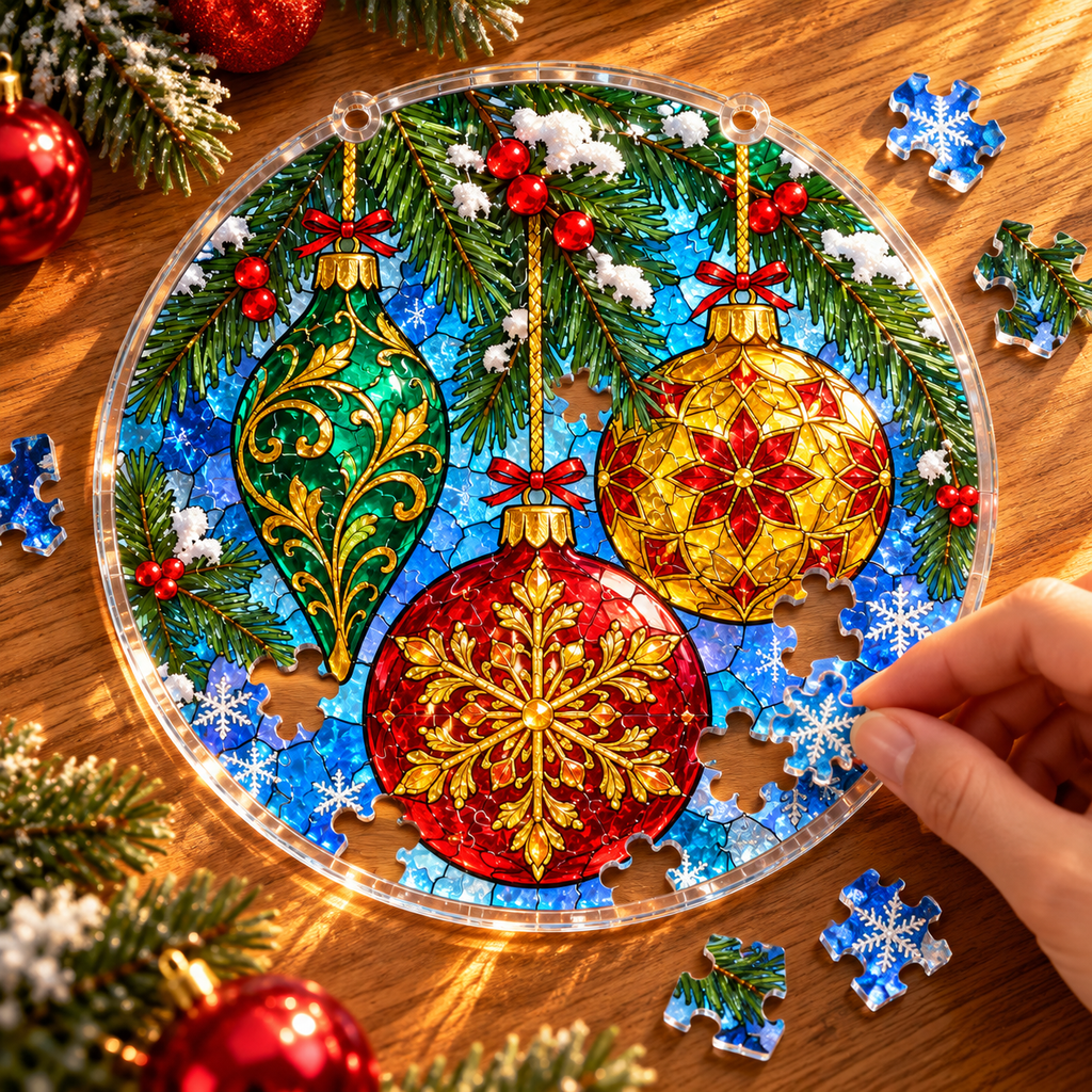 Christmas Acrylic Jigsaw Puzzle Suncatcher - Ornament Splendor