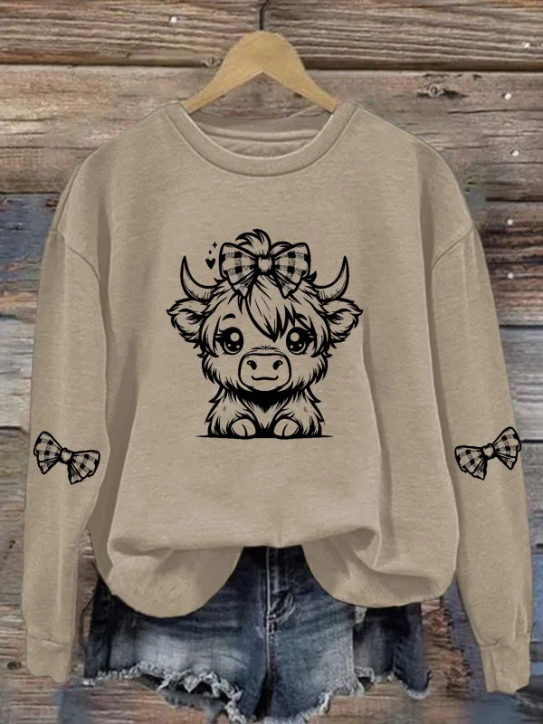 Women's Highland Cow Butterfly Ribbon Casual Round Neck Hoodie