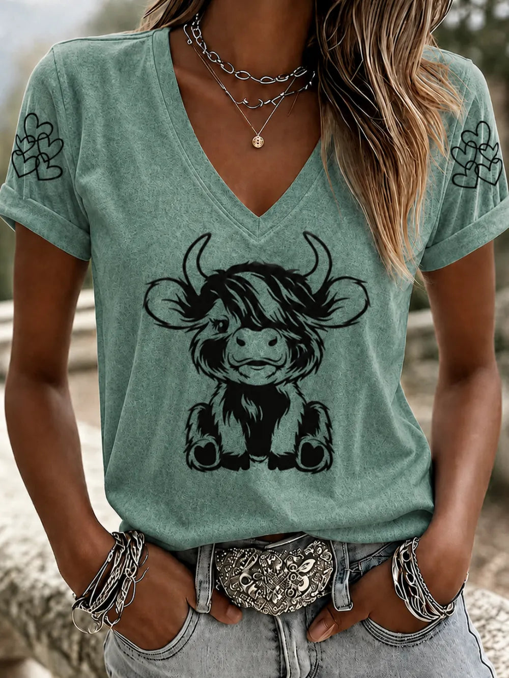 Women'S Highland Cow Western Printed Casual Short Sleeved T-Shirt