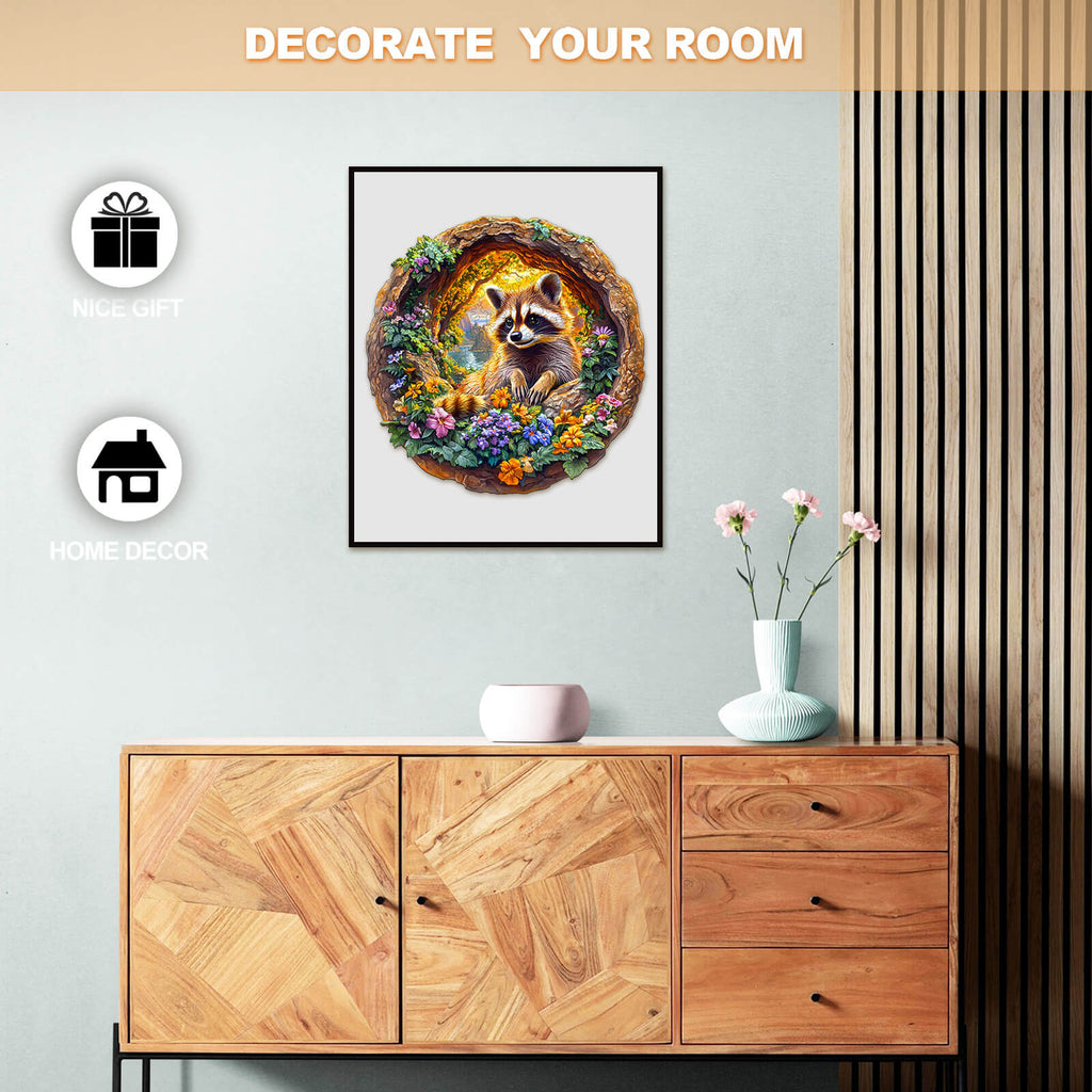 3D Raccoon on Vacation Wooden Jigsaw Puzzle
