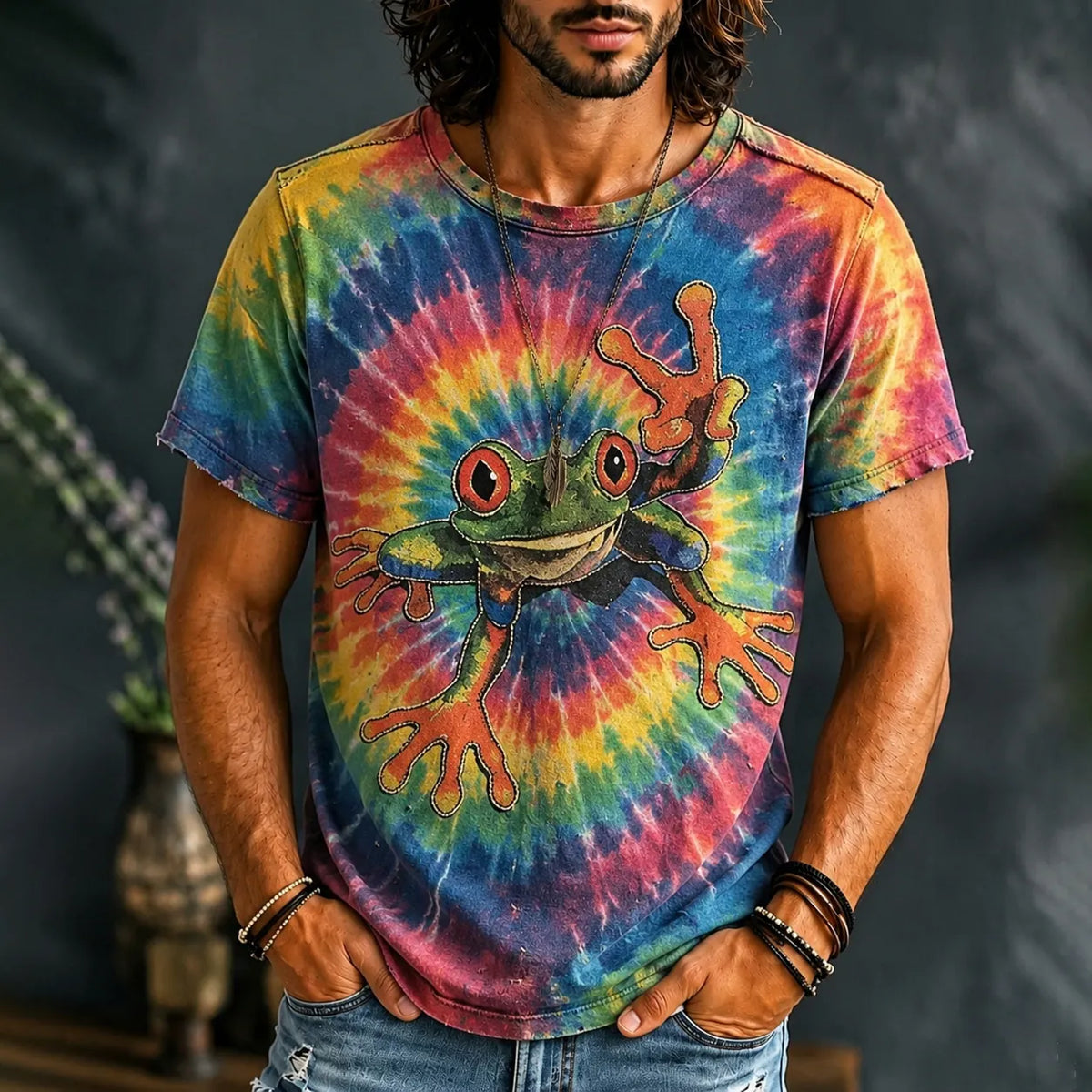 Men's Hippie Tie Dye Psychedelic Frog Print T-shirt