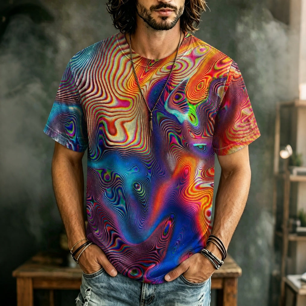 Men's Retro Hippie Style Colorful Abstract Art Print Casual Crew Neck Short Sleeve T-shirt