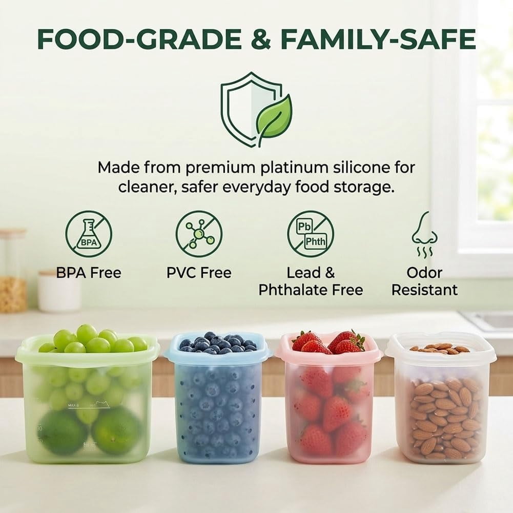 Reusable Silicone Food Storage Bags, 4 Cup Stand Up Leakproof for Freezer Microwave, Lunch Leftovers Meal Prep