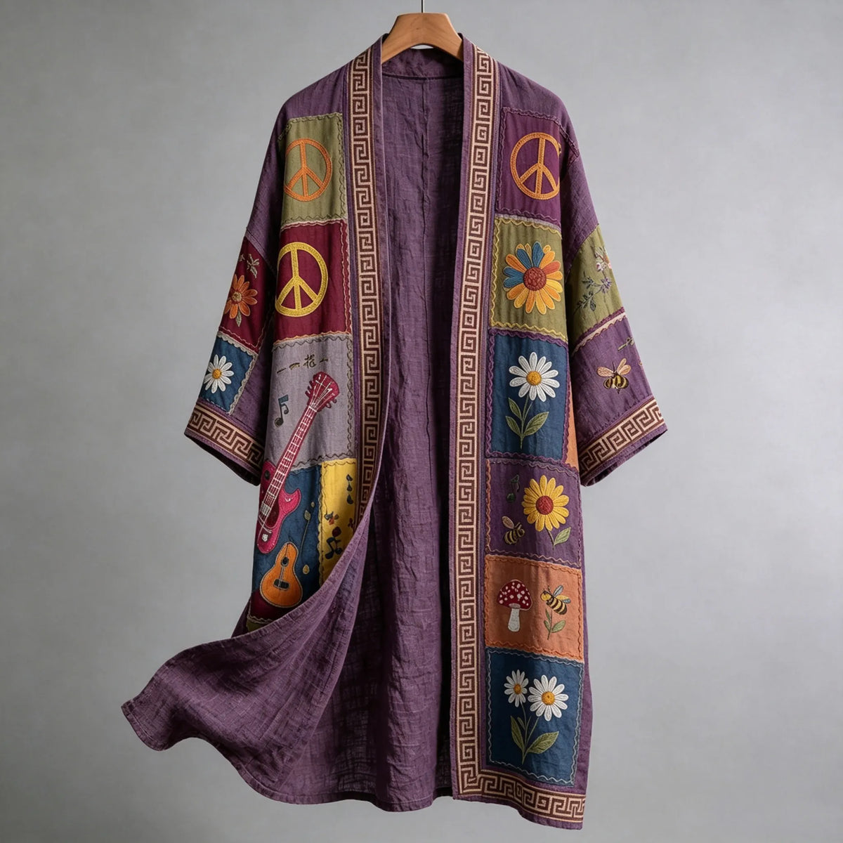 Men's Retro Hippie Peace Music Art Pattern Casual Long Cardigan