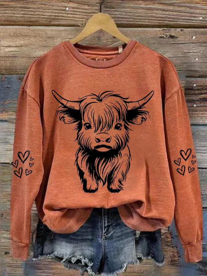 Women's Cute Highland Cow Casual Round Neck Hoodie