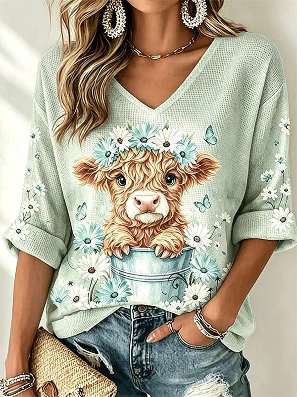 Women's Daisy Flower Crown Highland Cow Bucket Butterfly Print Waffle Top