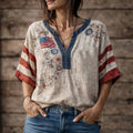 Women's America Floral Print Casual V-Neck 3/4 Sleeve