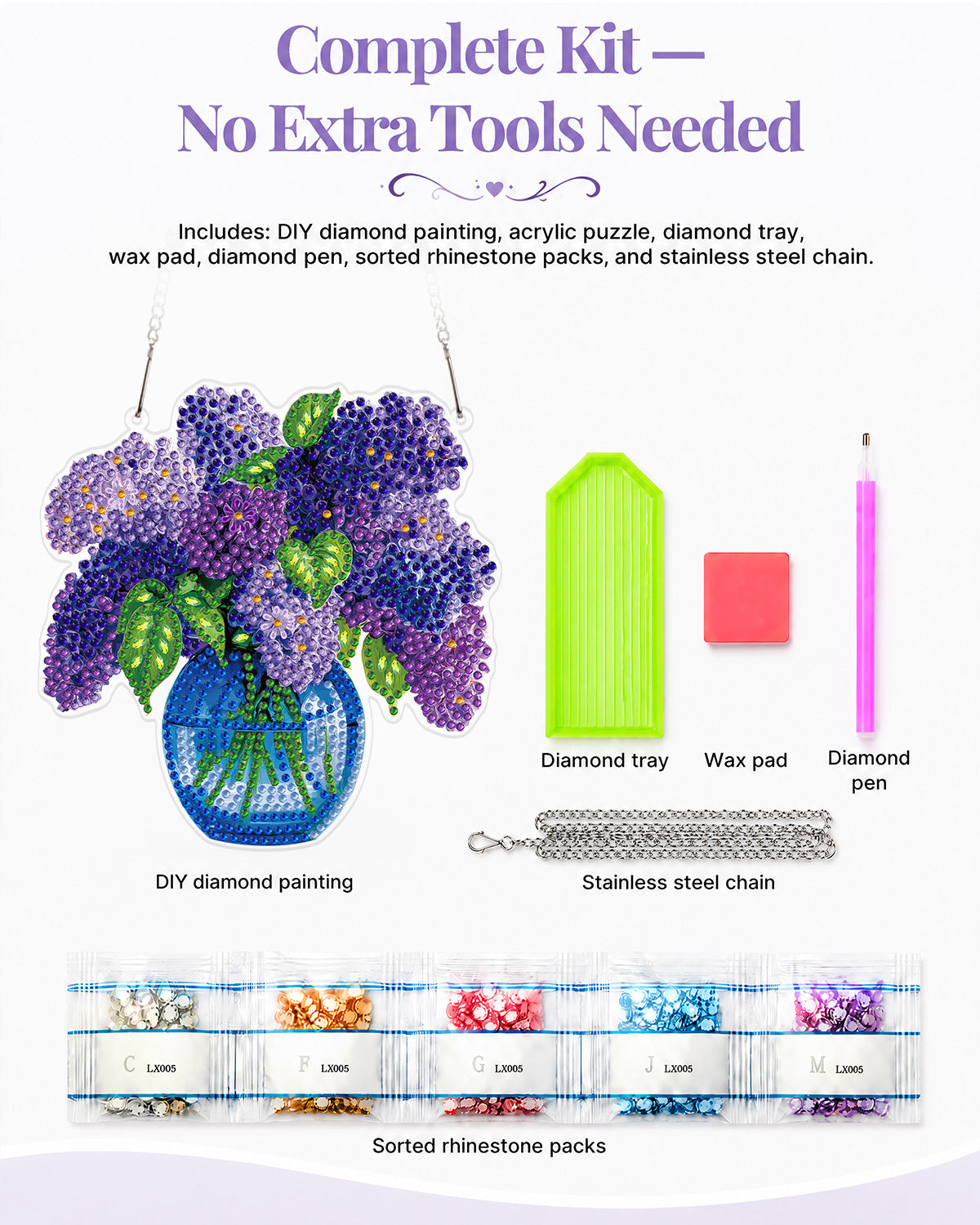 5D DIY Diamond Painting Suncatcher Kit - Lilacs in Blue Vase