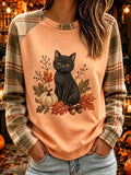 Women's Black Cat Pumpkin Fall Plaid Raglan T-shirt