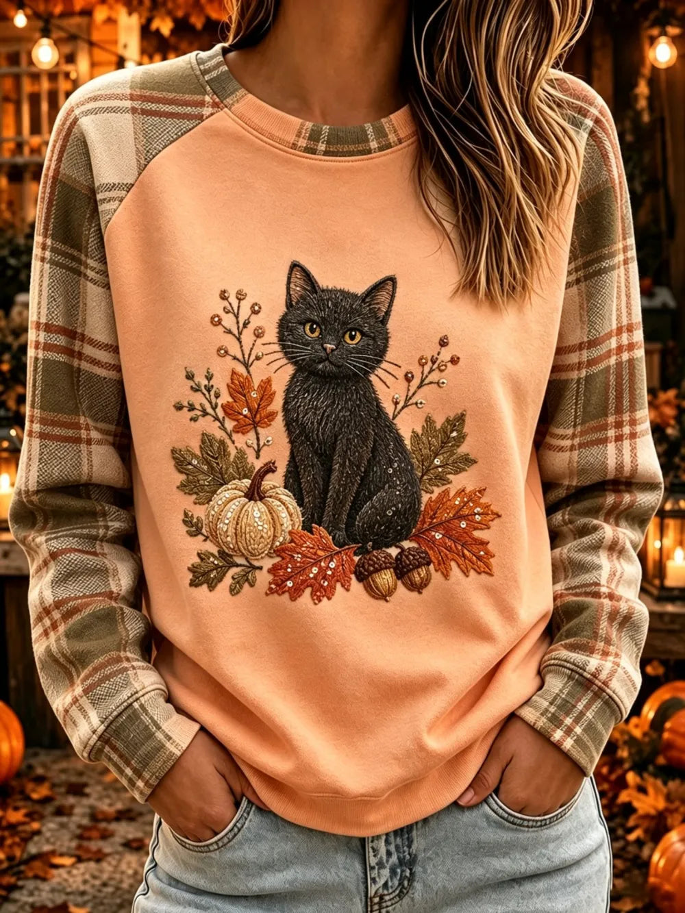 Women's Black Cat Pumpkin Fall Plaid Raglan T-shirt
