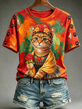 Women'S Oil Painting Animals Cat Printed Vintage Fashion Loose Short Sleeve T-Shirt