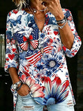 Women's Patriotic USA Flag Butterfly Floral Print Casual Blouse