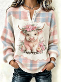 Women'S Floral Highland Cow Plaid Henley Knit Top