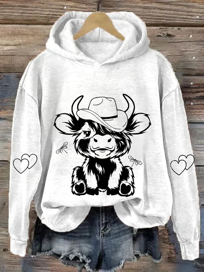 Women's Cute Baby Highland Cow Cow Lover Printed Hooded Sweatshirt
