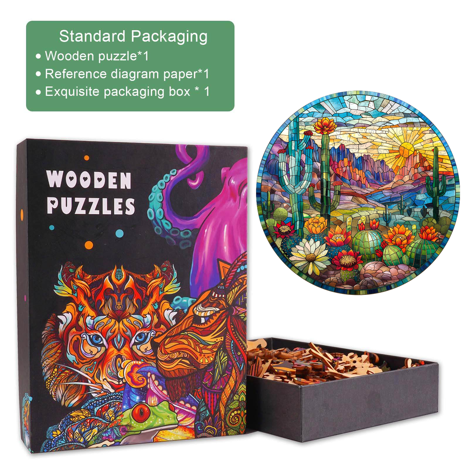 Stained Glass Cactus Wooden Jigsaw Puzzle