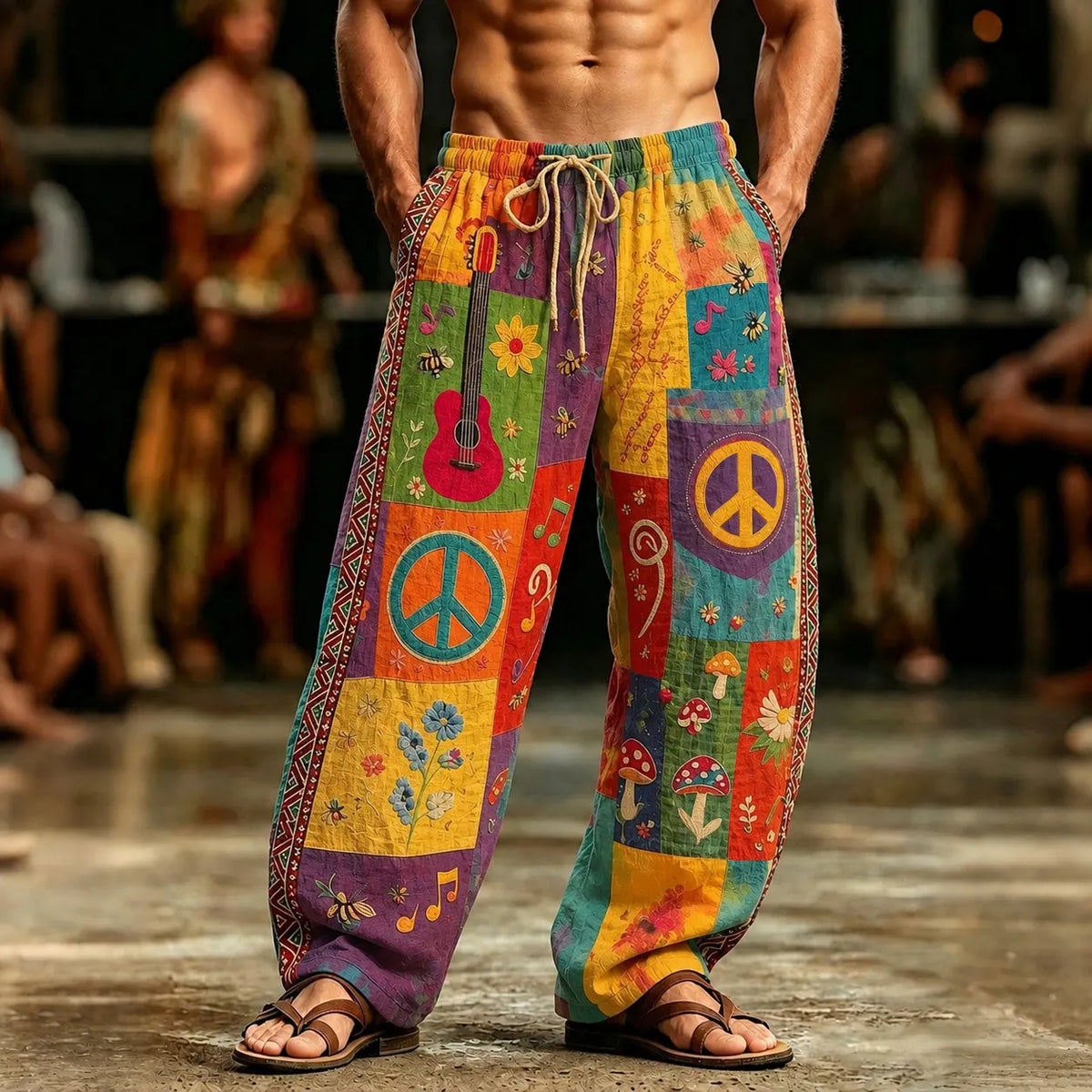 Men's Peace Sign And Guitar Hippie Patchwork Print Casual Pants