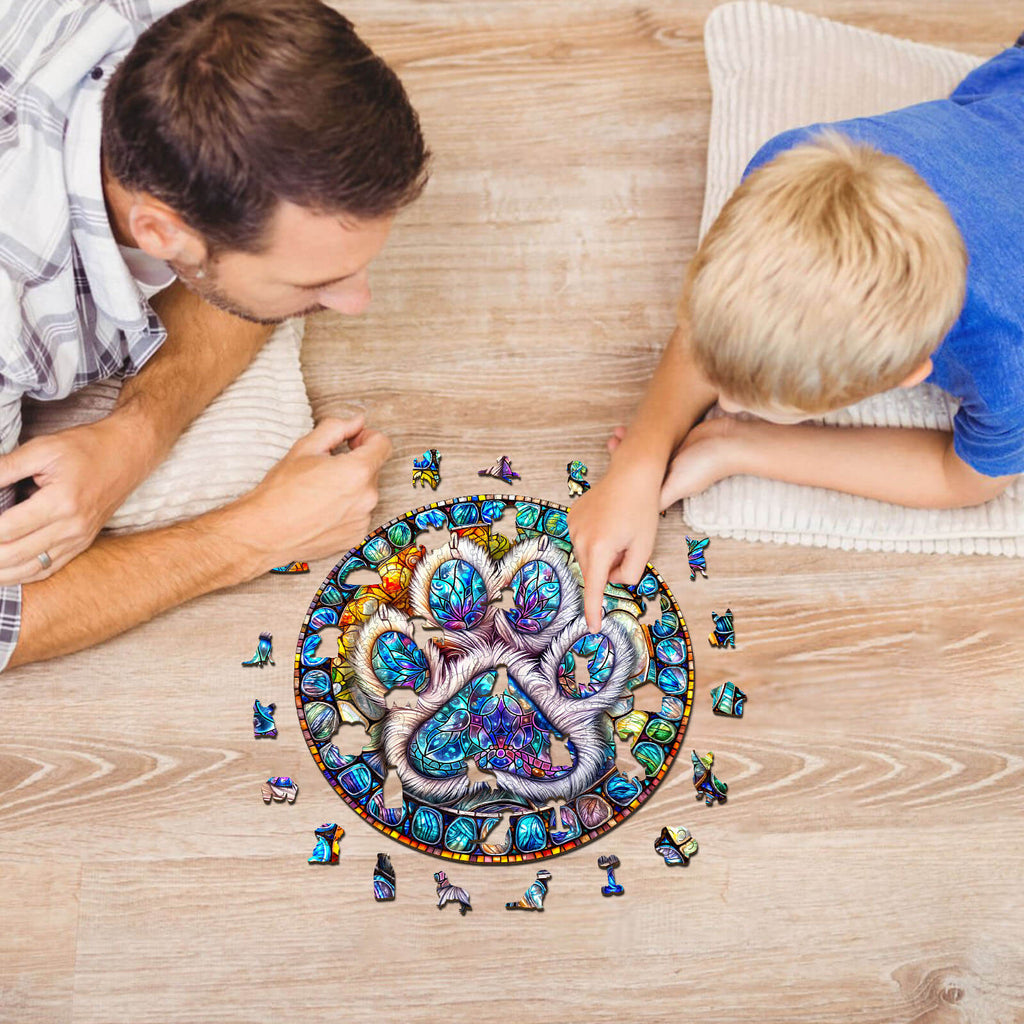 Stained glass paw prints Wooden Jigsaw Puzzle