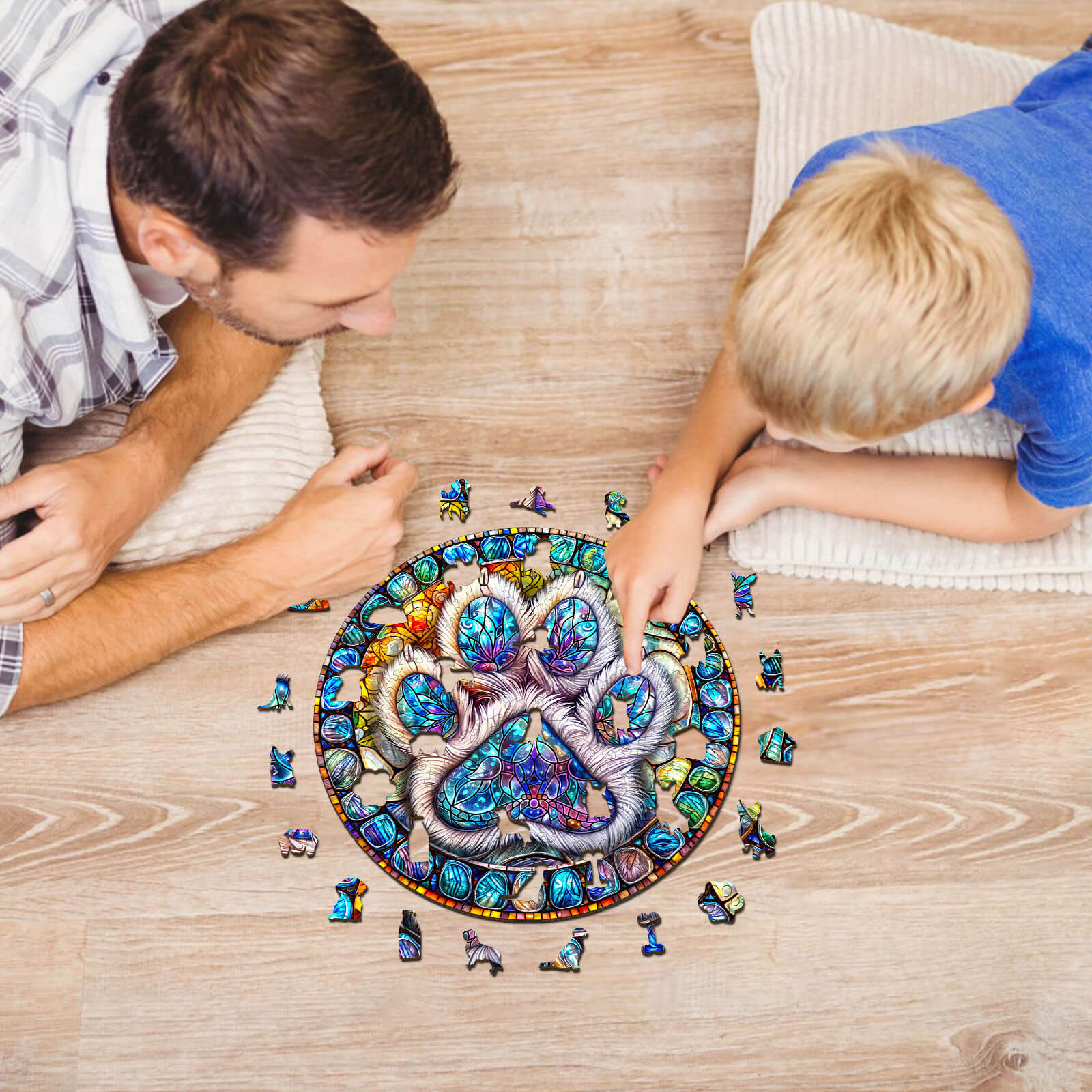 Stained glass paw prints Wooden Jigsaw Puzzle