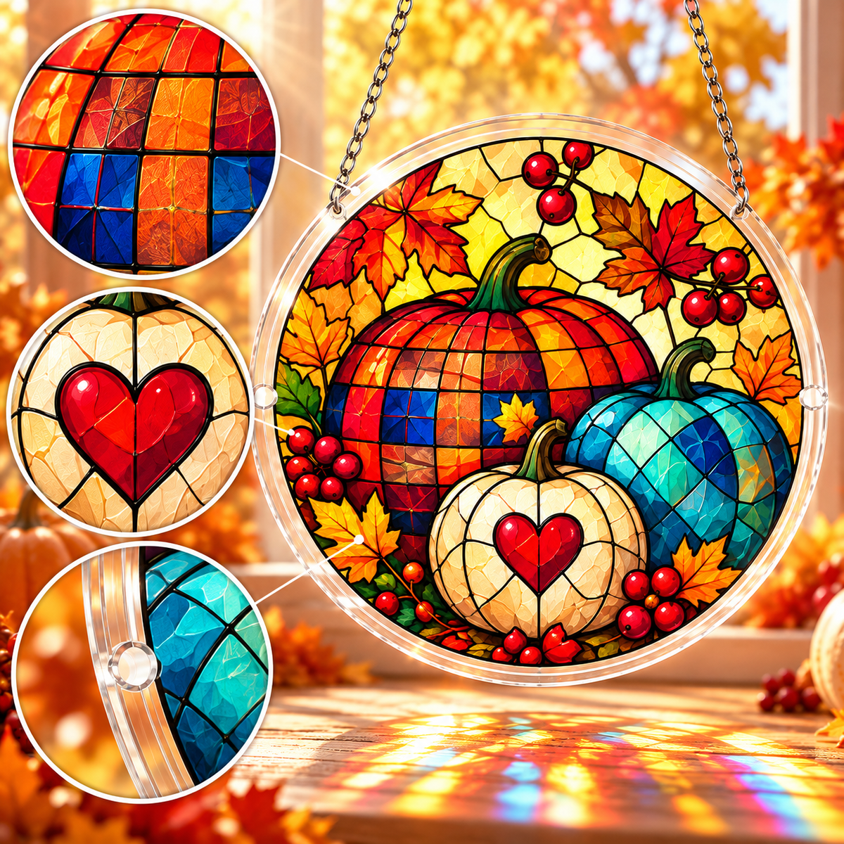 Tanksgiving Acrylic Jigsaw Puzzle Suncatcher - Plaid Pumpkin Hearts
