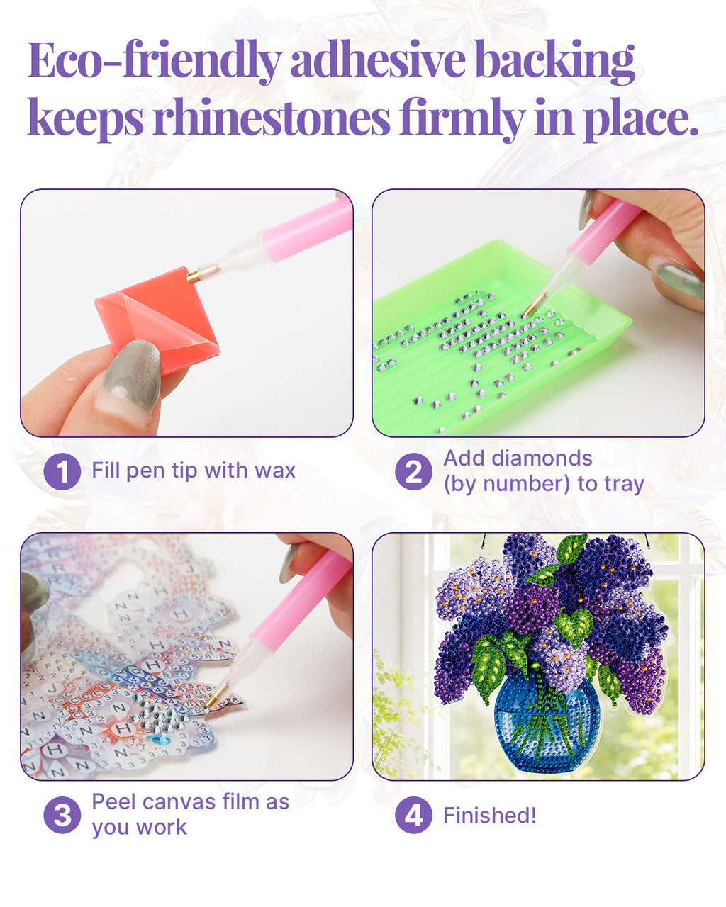 5D DIY Diamond Painting Suncatcher Kit - Lilacs in Blue Vase