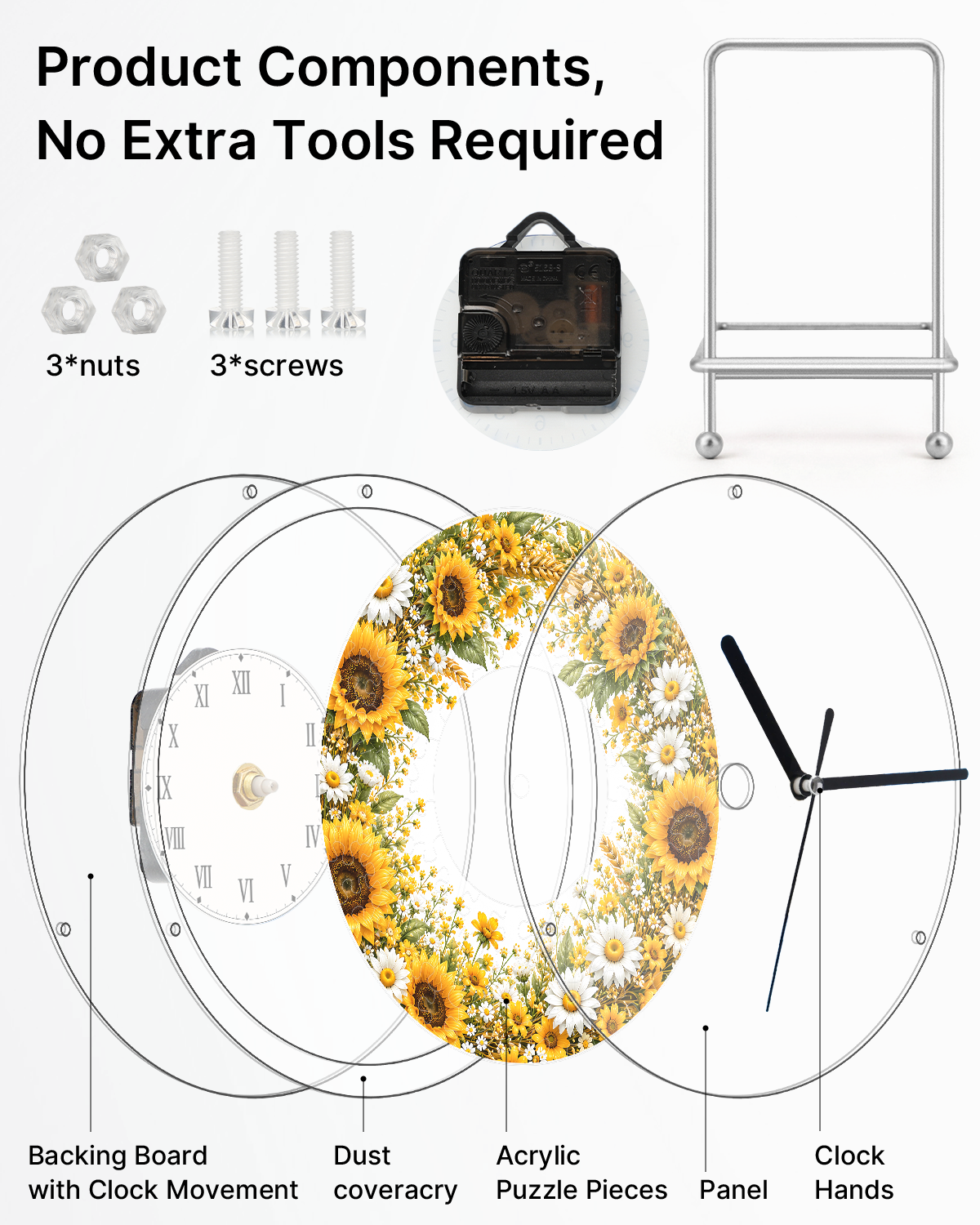 DIY Acrylic Puzzle Clock Kit - Golden Sunflower Field