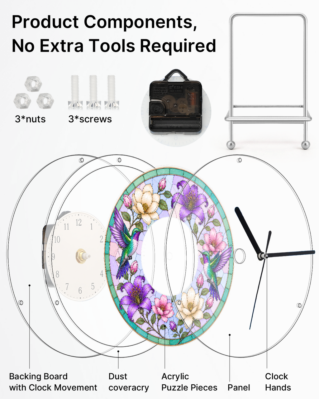DIY Acrylic Puzzle Clock Kit - Spring Hummingbirds Bloom