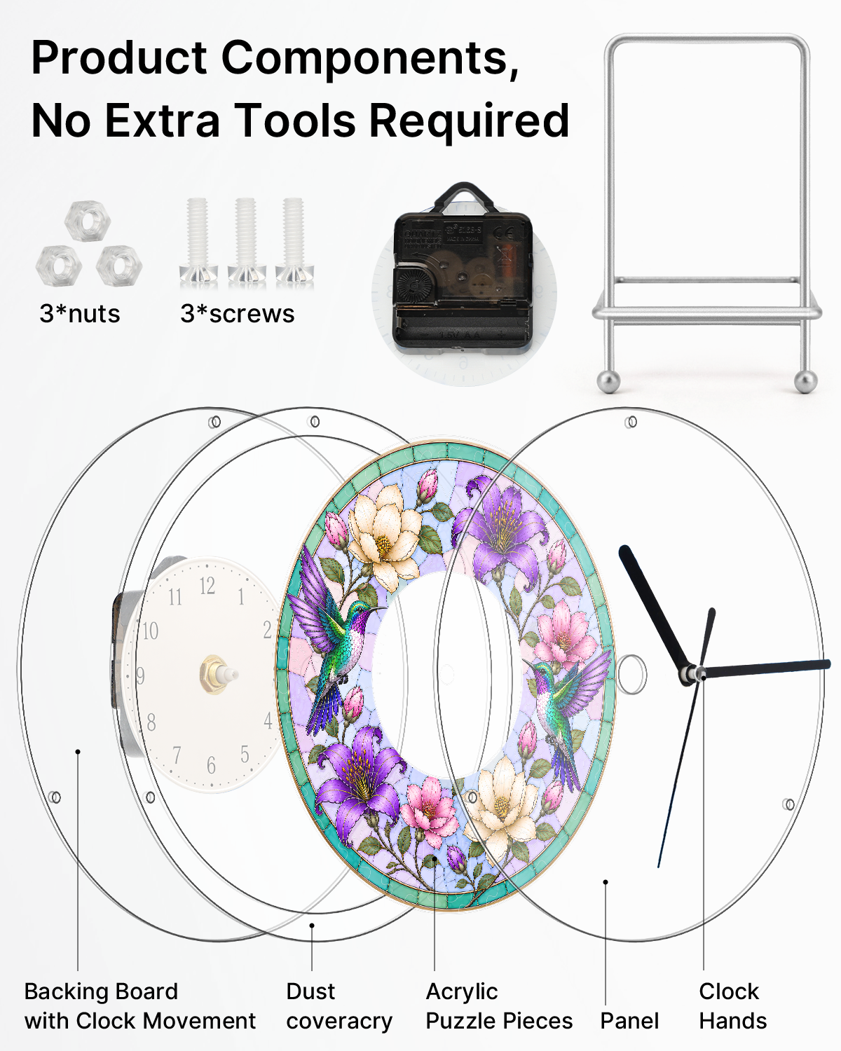 DIY Acrylic Puzzle Clock Kit - Spring Hummingbirds Bloom