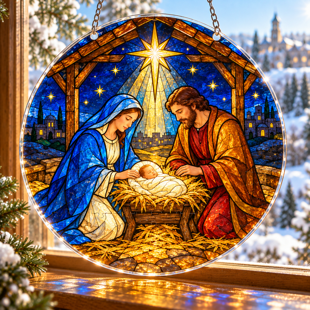 Christmas Acrylic Jigsaw Puzzle Suncatcher - Nativity Christmas Light