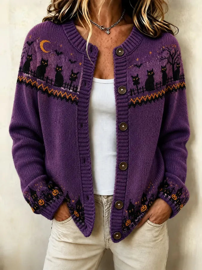 Women'S Black Cat Halloween Art Print Sweater Cardigan