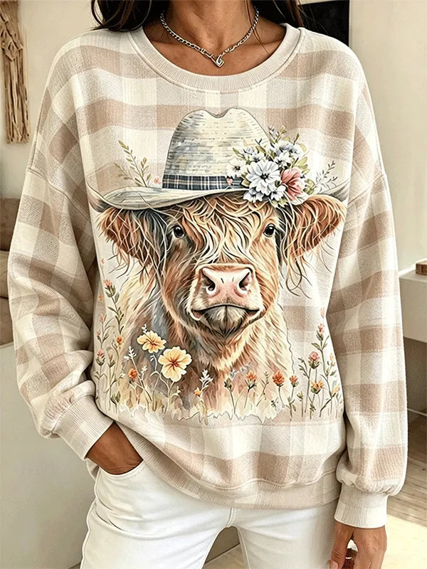 Women's Gingham Floral Cowboy Hat Highland Cow Print Sweatshirt