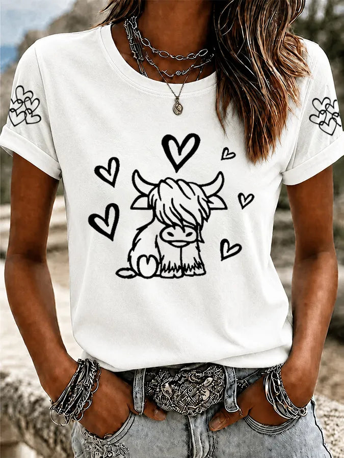 Women'S Western Grid Highland Cow Round Neck T-Shirt