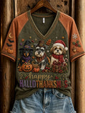 Women's Happy Hallothanksmas Holiday Season Dogs Print  T-Shirt