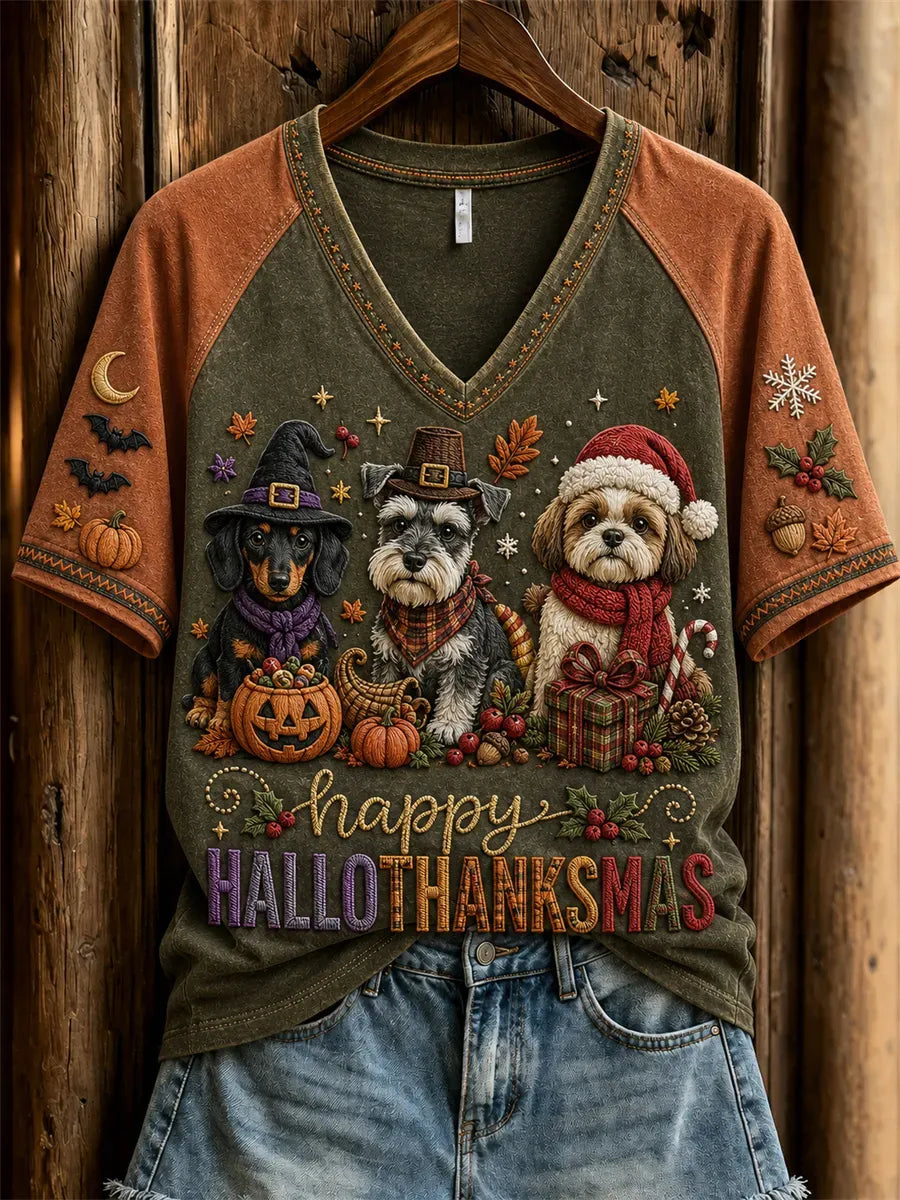 Women's Happy Hallothanksmas Holiday Season Dogs Print  T-Shirt