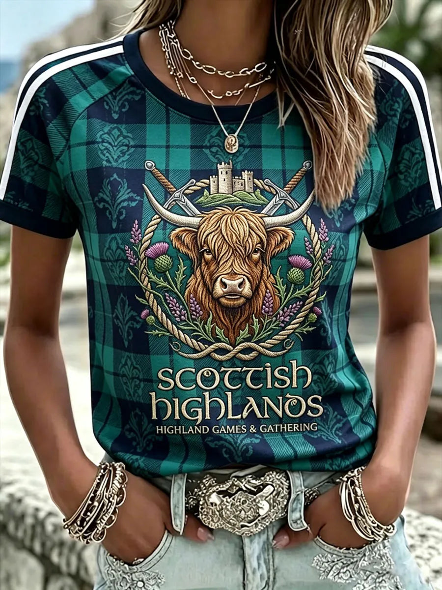 Scottish Highland Cow Print Women'S Cotton-Linen V-Neck T-Shirt