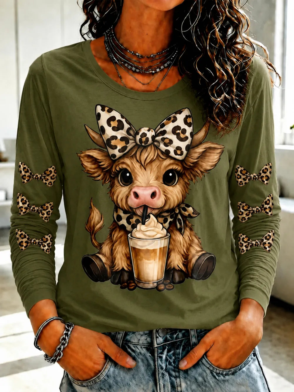 Women'S Bow High Altitude Cow Pattern Long Sleeve T-Shirt