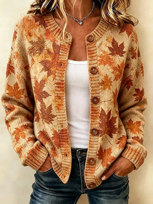 Ladies' Casual Maple Leaf Gradient Knitted Cardigan Top