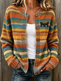 Women's Casual Striped Cute Cat Gradient Fall Cardigan Top