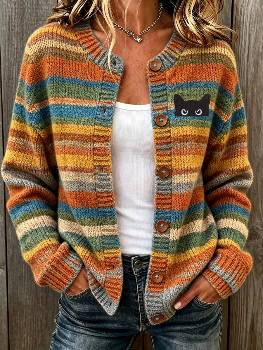 Women's Casual Striped Cute Cat Gradient Fall Cardigan Top