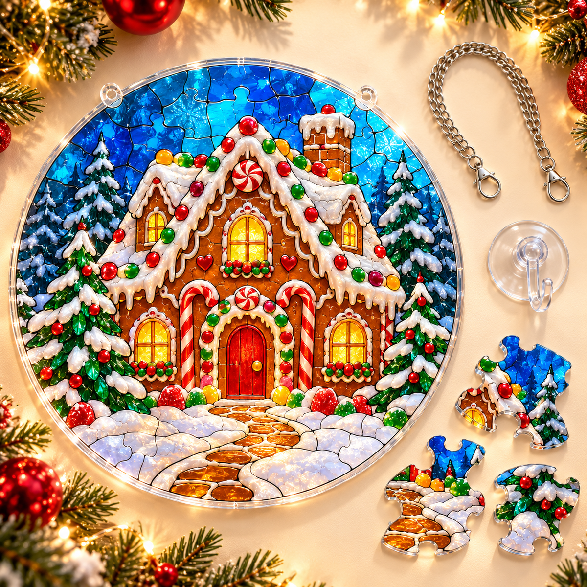 Christmas Acrylic Jigsaw Puzzle Suncatcher - Gingerbread House