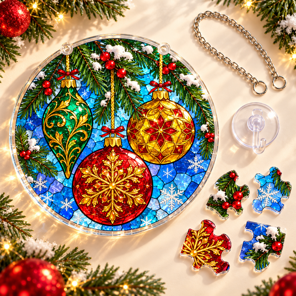 Christmas Acrylic Jigsaw Puzzle Suncatcher - Ornament Splendor