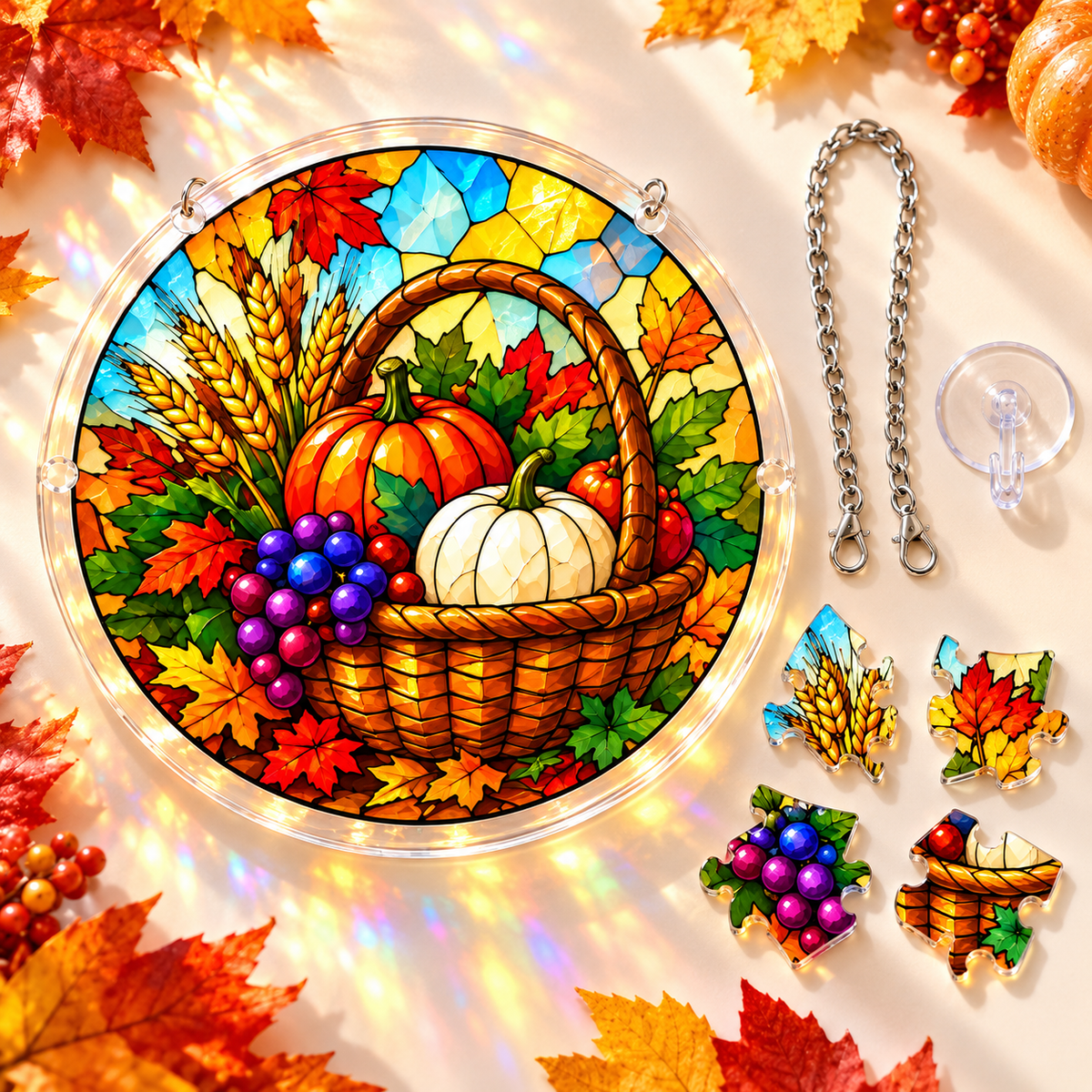 Tanksgiving Acrylic Jigsaw Puzzle Suncatcher -  Blessed Harvest Basket