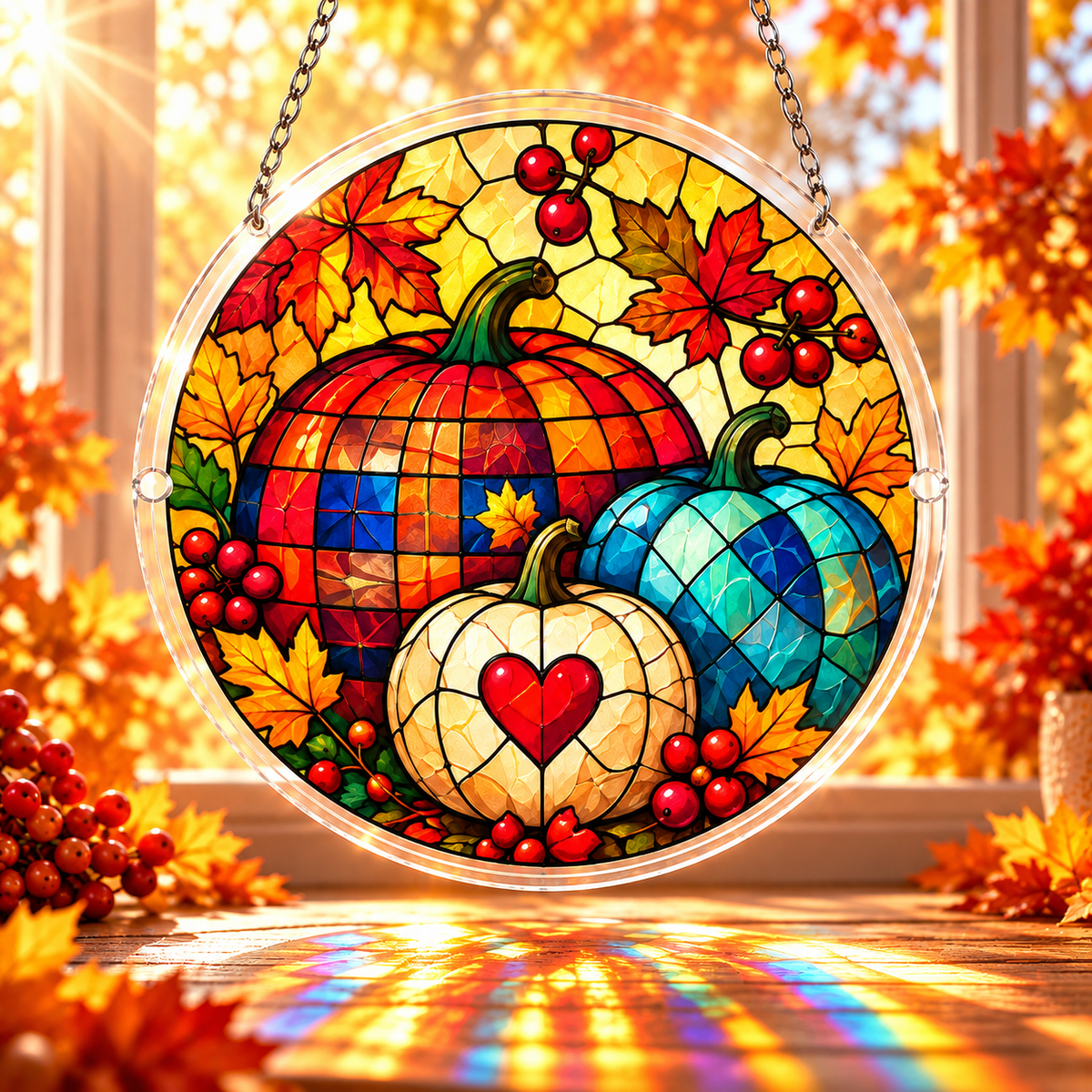 Tanksgiving Acrylic Jigsaw Puzzle Suncatcher - Plaid Pumpkin Hearts