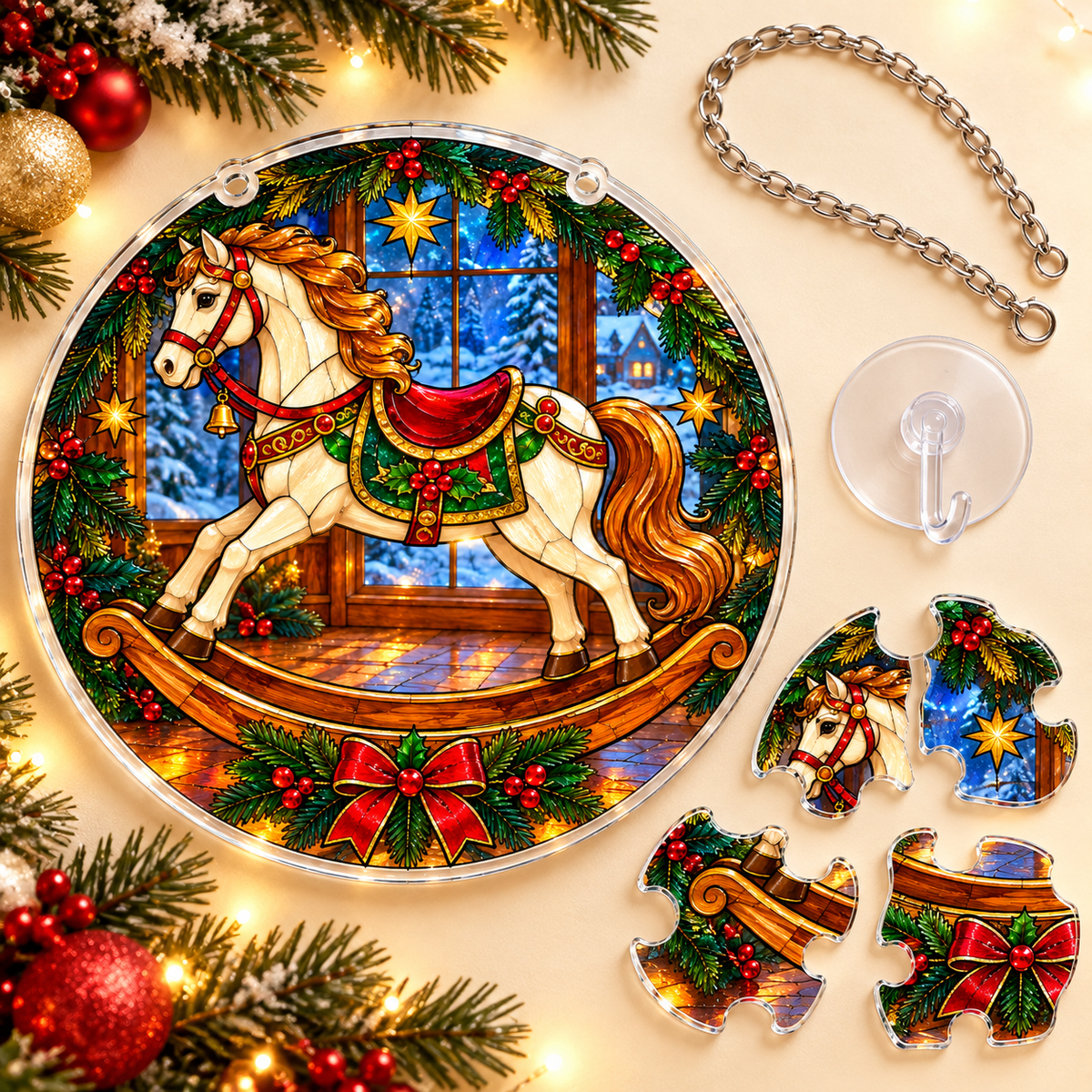 Christmas Acrylic Jigsaw Puzzle Suncatcher - Rocking Horse