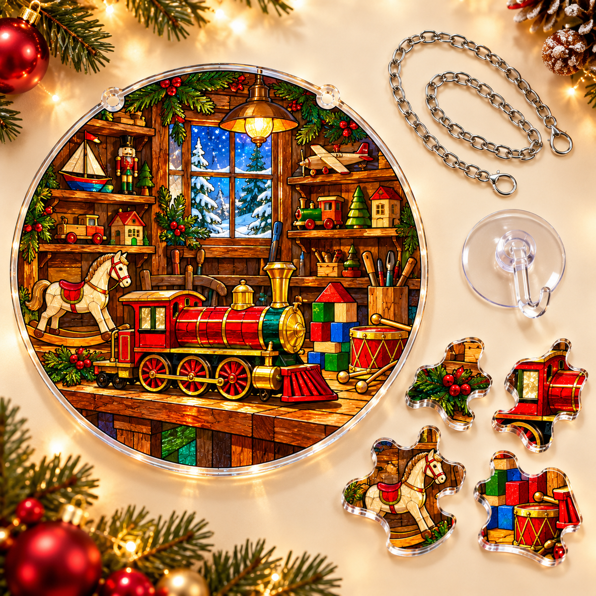 Christmas Acrylic Jigsaw Puzzle Suncatcher - Santa’s Toy Workshop