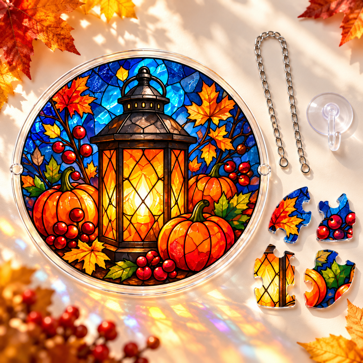 Tanksgiving Acrylic Jigsaw Puzzle Suncatcher - Golden Harvest Lantern
