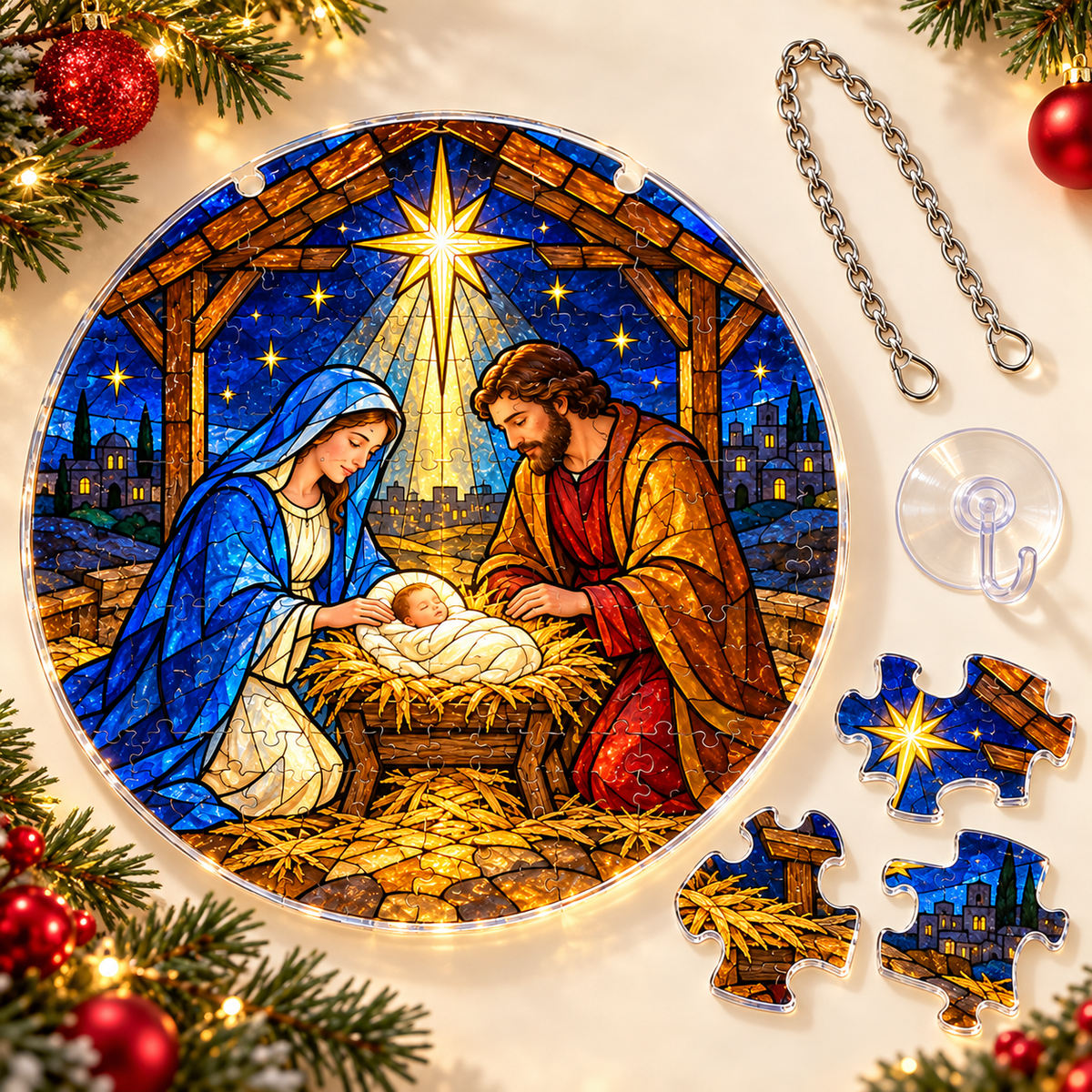 Christmas Acrylic Jigsaw Puzzle Suncatcher - Nativity Christmas Light