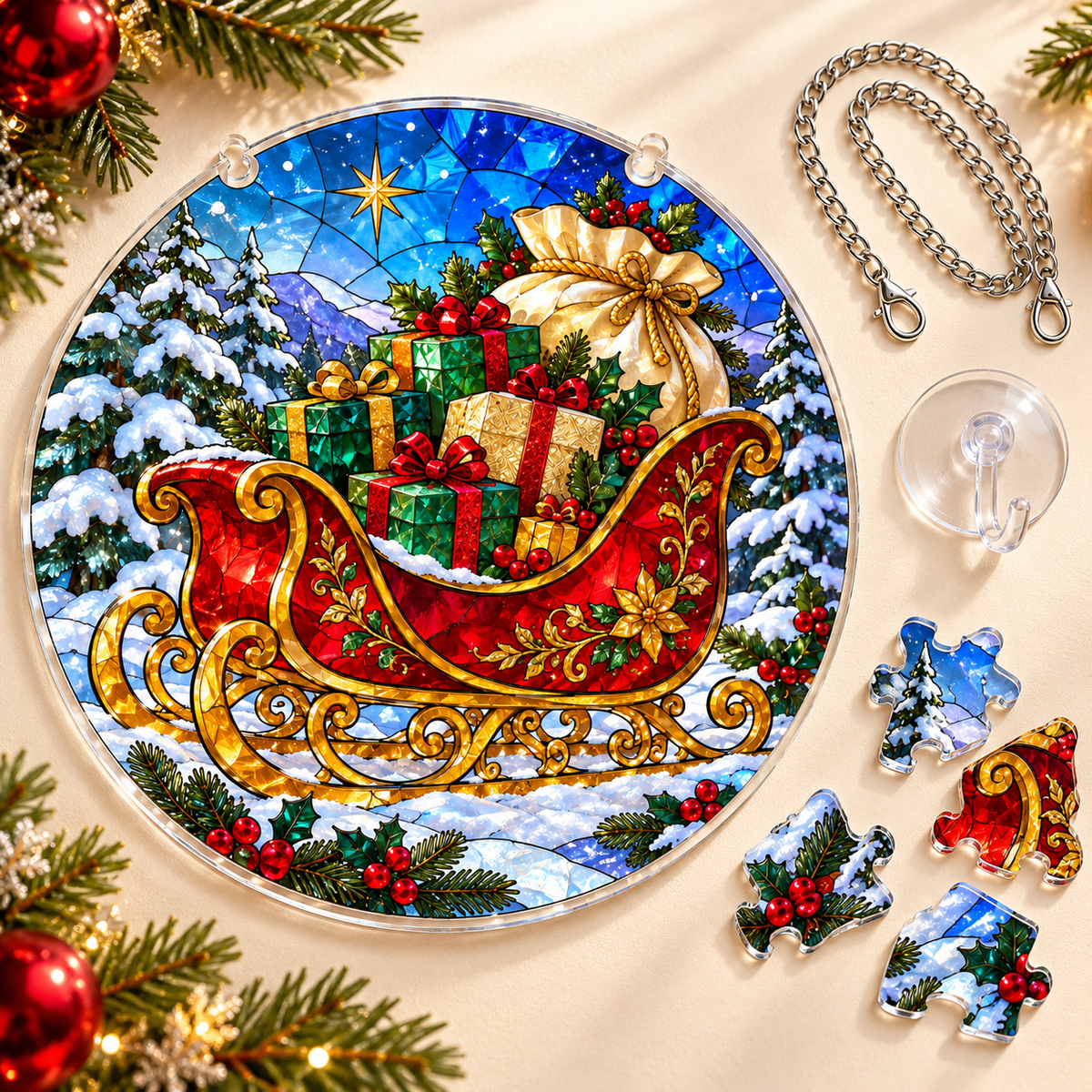 Christmas Acrylic Jigsaw Puzzle Suncatcher - Santa’s Gift Sleigh